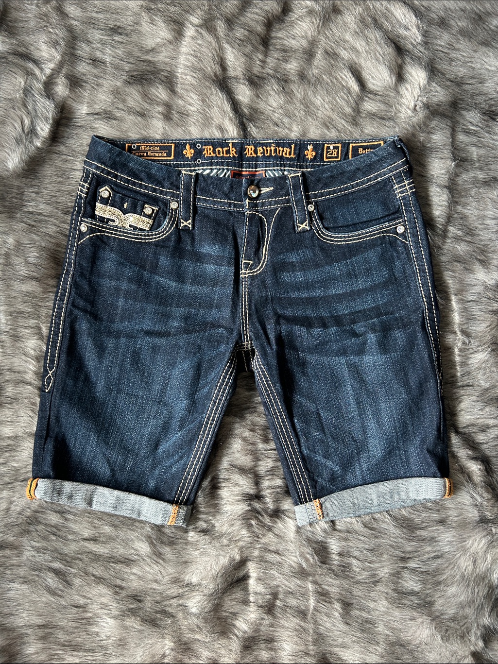 Rock Revival Betty Mid Rise Curvy Bermuda Shorts Bling Dark Wash Size 28
